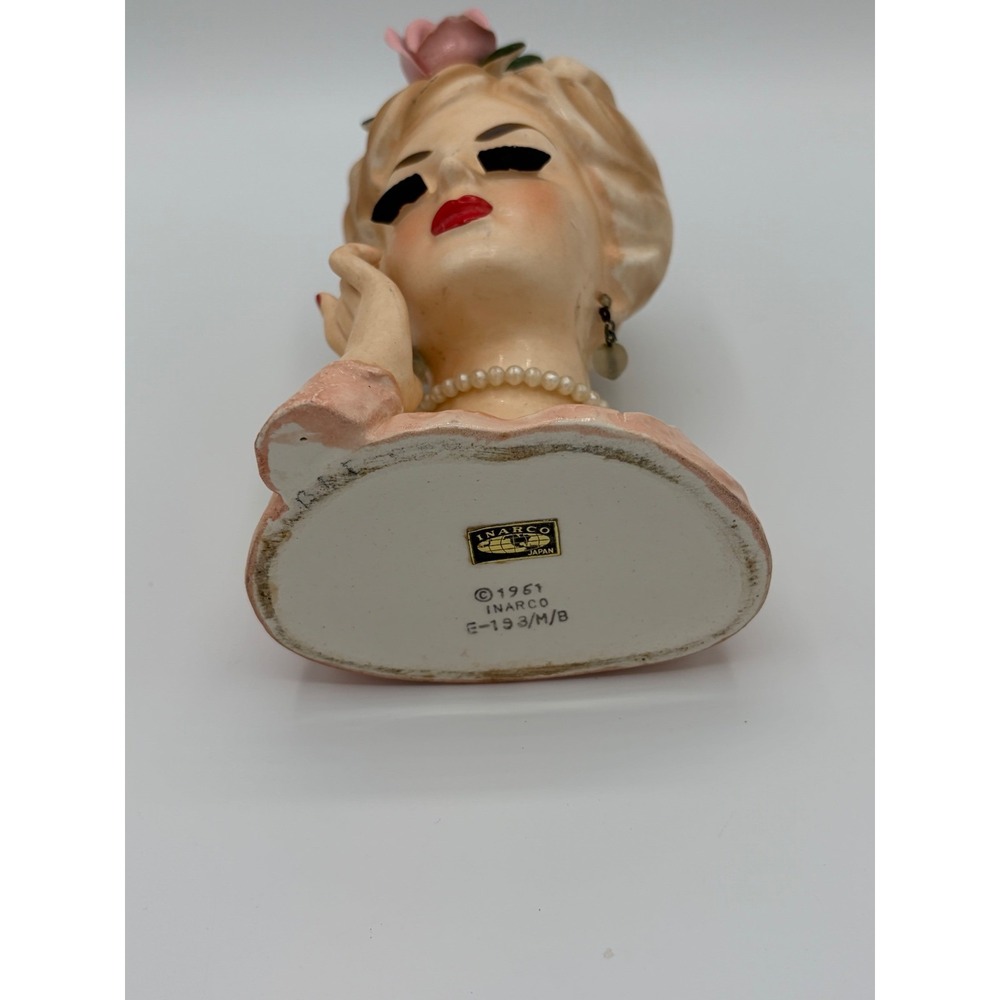 Vintage 1961 Inarco Japan Lady Head Vase E-193/M/B Pink Rose Pearl Necklace 5.5" - Picture 6 of 6